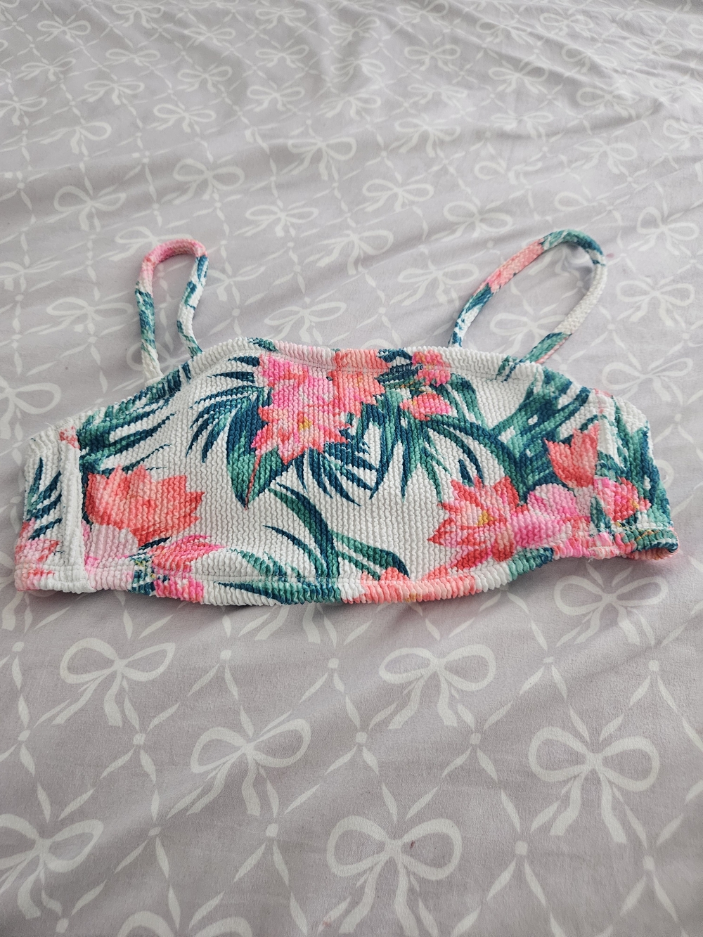 Xhilaration White Floral Bikini Top with Pink & Green Tropical Print